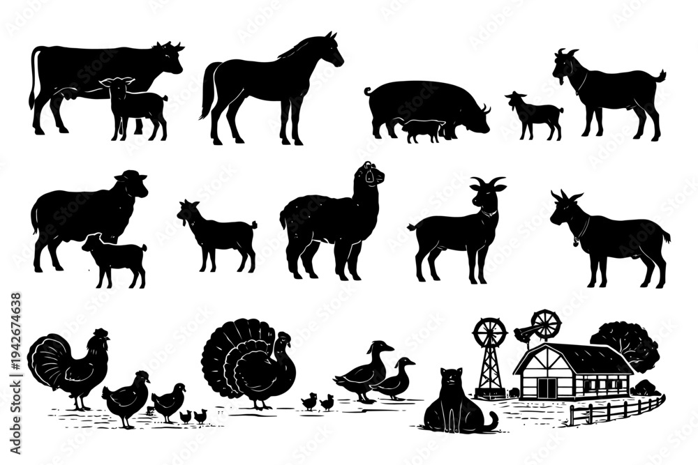 Obraz premium Silhouette illustrations of farm animals and barnyard scene.
