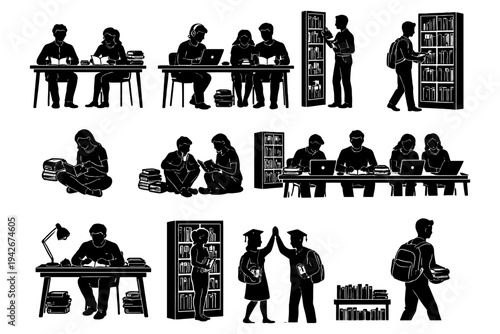 Silhouettes of diverse students studying and graduating in various academic settings.