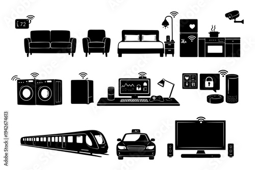 Smart home automation icons set featuring appliances and transportation.