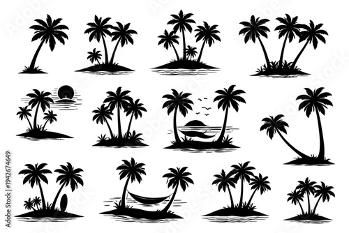 Silhouette of various tropical island scenes with palm trees at sunset.