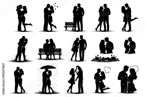 Silhouette couples in romantic scenes: love and affection displays.