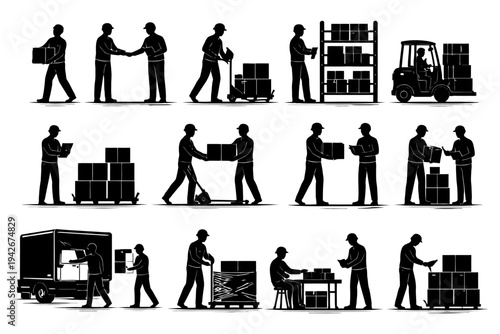 Silhouetted warehouse work scenes with workers and equipment.