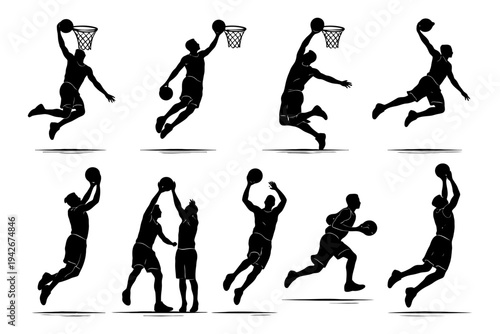 Silhouette basketball players dunking and jumping in various poses.