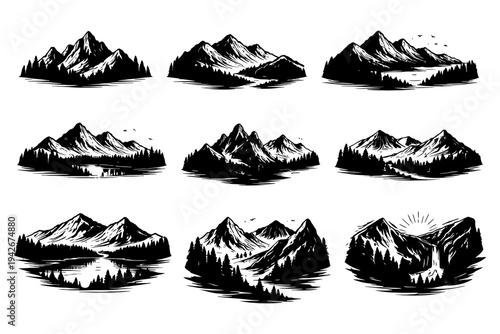 Scenic mountain range illustrations with pine trees and lakes in black and white.
