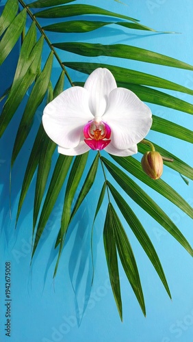 Close-up of a white orchid with pink center, green frond, blue background