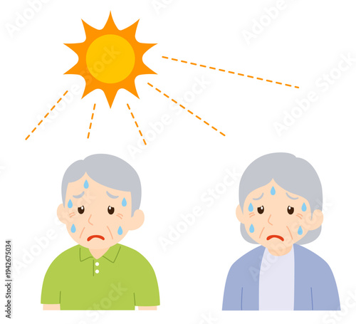 暑さでぐったりする高齢者と強い日差し