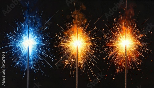 Three sparklers emitting vibrant blue, yellow, and orange light against black