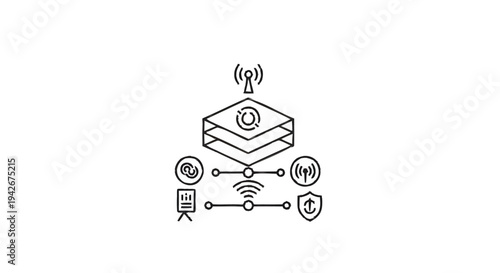 Network server with wireless connectivity and security icons.