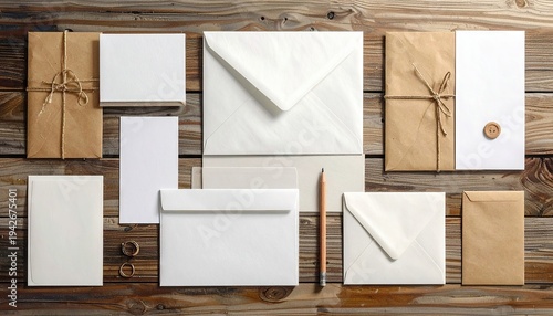 Stationery set arranged on a rustic wood surface