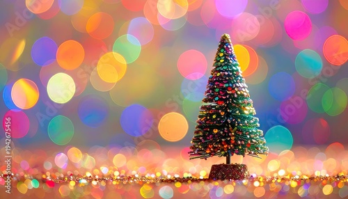 Miniature tree glows amid vibrant, blurred, colorful background orbs