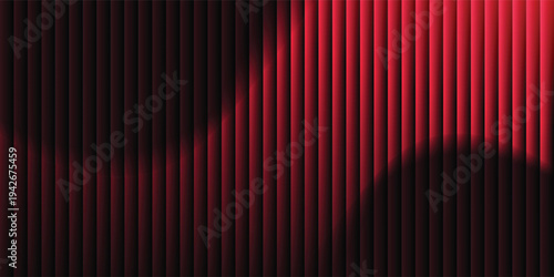 Futuristic abstract red and black vertical stripes with gradient background and curved shadow shapes. Fractal ribbed glass pattern. Energy waves. Perfect for tech branding, poster, presentation