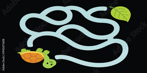 Turtle Maze Puzzle Game with Leaf Destination on Black Background Educational Kids Vector Illustration