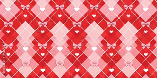 Red and Pink Argyle Heart Seamless Pattern Background with Diamond Checkered Valentine Textile Style Vector Design