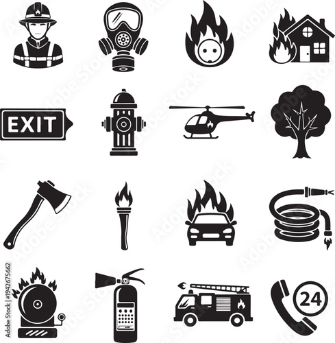 Firefighter icon set, Fire department sign or symbol, vector Illustration 2