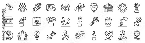 Set of 30 outline icons related to flower. Linear icon collection. Editable stroke. Vector illustration