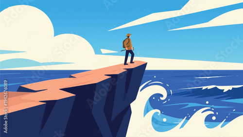 Illustration Of An Explorer Standing On Top Of A High Rock Cliff Above The Vast Ocean Vector Design Template