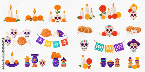 Day of the Dead elements set with sugar skulls, candles, marigolds, and papel picado for traditional Mexican celebration.
