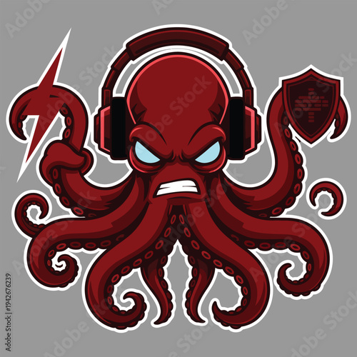 angry octopus red tattoo mascot vector illustration of a digital rapper iconic heroic design. informational mythological octopus 