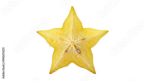Golden starburst of carambola revealing its fresh core, dew-kissed and gleaming against a pristine white canvas