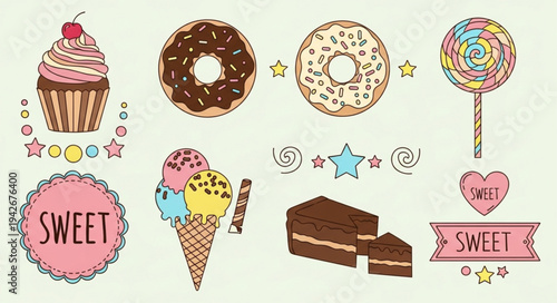 Sweet Treats Collection - Cupcake, Donuts, Lollipop, Ice Cream, Cake, and Sweet Label.