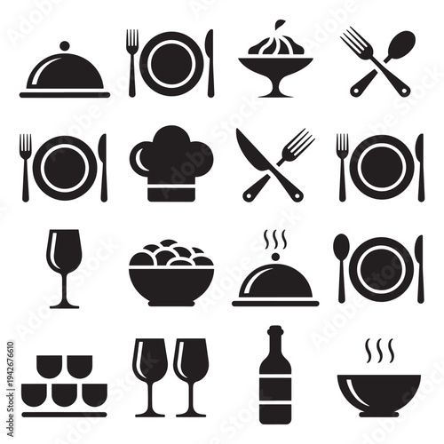 Collection of black and white icons representing various dining and culinary elements
