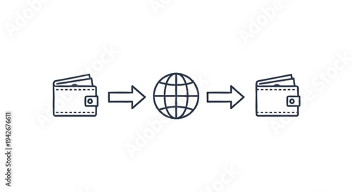 Online money transfer between wallets via global network illustration.