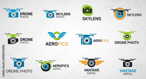 Collection of drone photography logo designs featuring camera lens and aerial views.