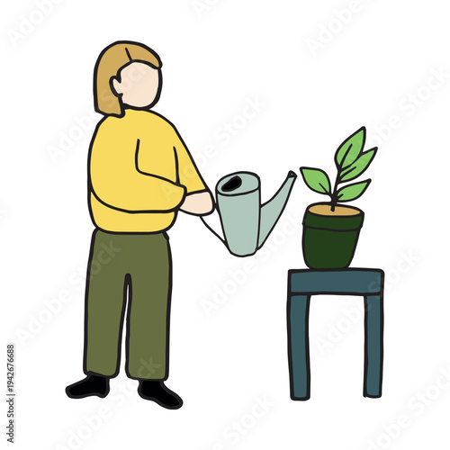 Woman watering houseplant with watering can vector illustration