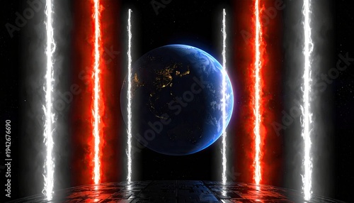 Planet Earth framed by twin red and white energy columns against a dark backdrop