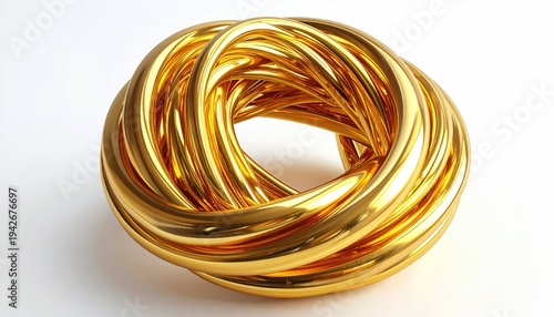 Polished, intertwined, golden tubes create a complex, circular sculpture