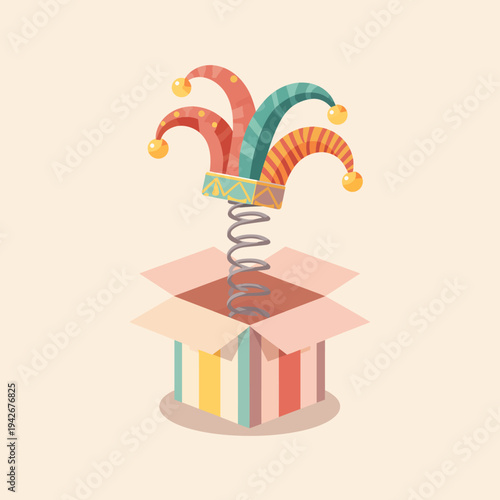 Vibrant jester hat springs out of colorful box in surprise
