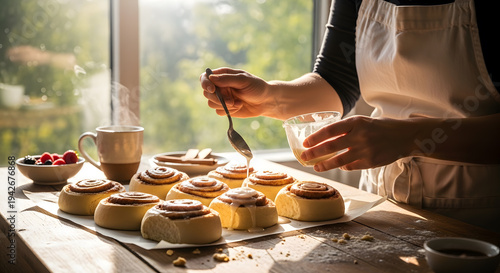 A person in an apron carefully pouring white sugar glaze over freshly baked warm cinnamon rolls on a wooden table