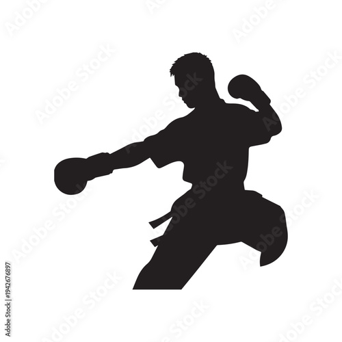 Action Silhouette of a Professional Kickboxer in a Dynamic Combat Guard Stance.
