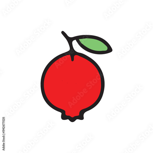 Pomegranate illustration: A vibrant illustration of a ripe, juicy pomegranate, showcasing its rich red color, a single green leaf, and the promise of sweet, refreshing flavor. 
