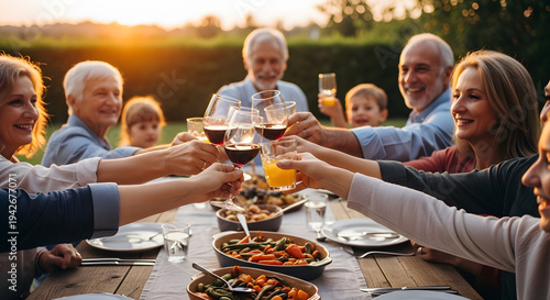 Large family members cheering with wine and juice glasses over a table filled with healthy food during sunset