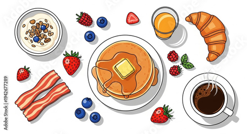 Delicious Breakfast Feast - Pancakes, Bacon, Croissant, and Coffee.