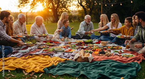 Big group of people of all ages sitting on colorful blankets enjoying a variety of food in a park at sunset