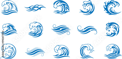 A collection of 15 stylized blue wave icons inspired by traditional Japanese woodblock prints. Featuring a variety of cresting swells, swirling curls, and flowing water lines.