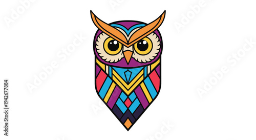 Vibrant Stylized Owl Vector Illustration with Geometric Mosaic Pattern. Modern Colorful Abstract Bird Design Graphic.