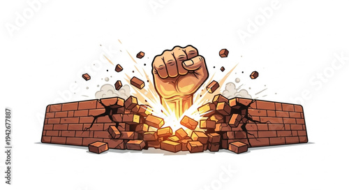 Fist Breaking Through Brick Wall.