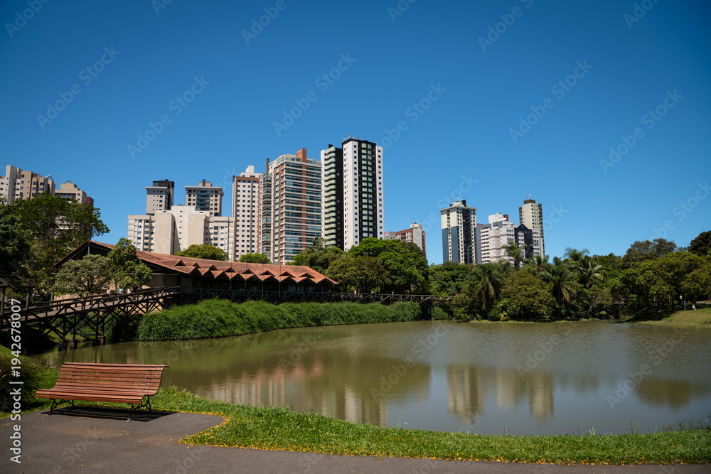 Fototapeta premium Urban Skyline and Lake in the Botanical Garden of Curitiba, Brazil