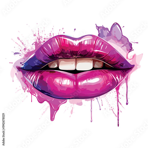 Glossy pink vector illustration of glamourous female lips and a smiling mouth with white teeth as a symbol of beauty and makeup fashion art