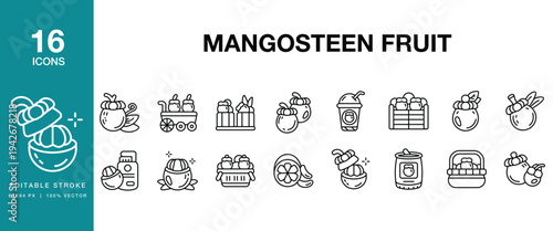 Mangosteen Fruit icon set. Includes mangosteen, fruit, tropical, purple, rind, fresh and More. Editable Stroke Icon Collection.