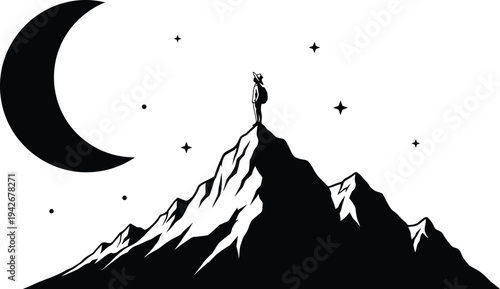 Minimalist Hiker Standing on Mountain Peak Silhouette, Crescent Moon and Stars Night Sky, Adventure Travel Vector Illustration Isolated on White
