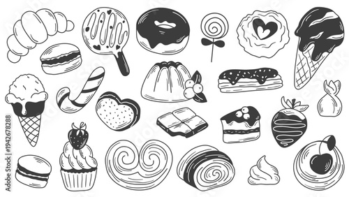 Hand drawn sweets set. Pastries, candies, chocolate, ice cream doodle sketch style. Cute ink illustrations of loose drawings of delicious sweet food, desserts. Vector graphics