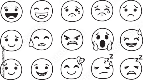 A collection of 15 clean, line-art emoji faces representing various emotions, including laughter, sadness, anger, and fatigue.