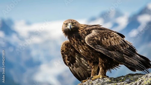 Majestic Golden Eagle Perched on Rugged Mountain Rock Ledge Against a Stunning Scenic Background