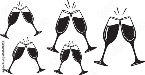Black and white illustration of champagne glasses toasting celebration