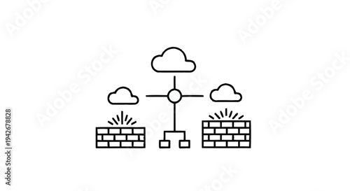 Network security concept with cloud and firewall icons.