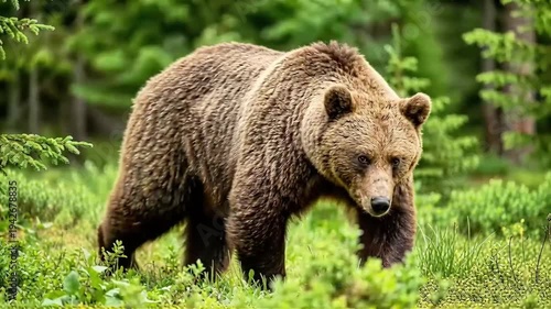 Massive Brown Bear Walking Slowly Through Lush Green Forest Under Natural Light in Tranquil Wilderness